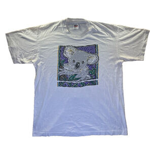 Vintage 90s Koala Graphic T-Shirt White Anvil USA Made Size Large Single Stitch